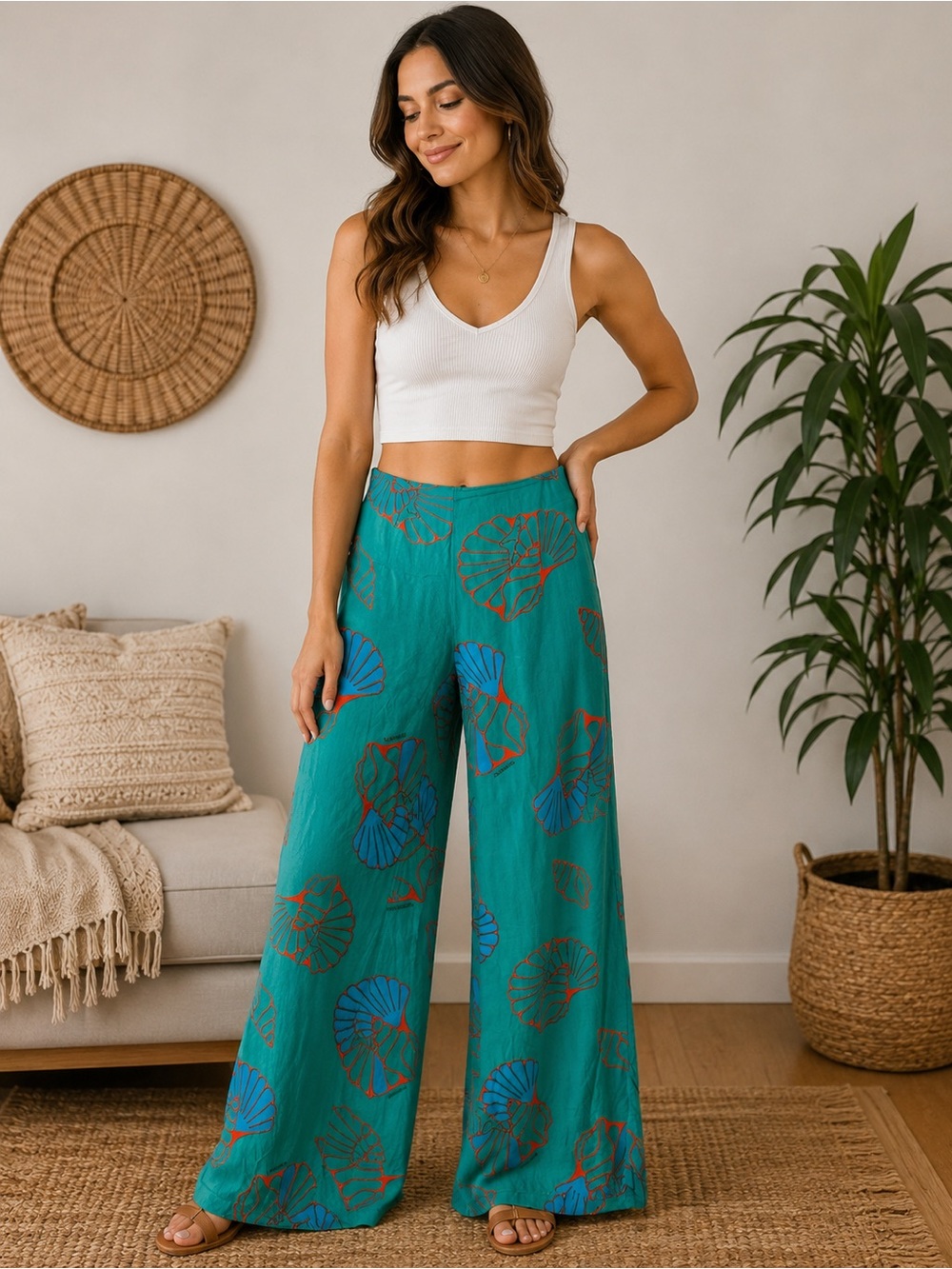 Havaianas Teal Wide-Leg Tropical Shell Print Pants